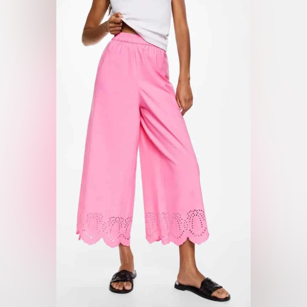 Mango Pink Elastic Waist Eyelet Culotte Pants